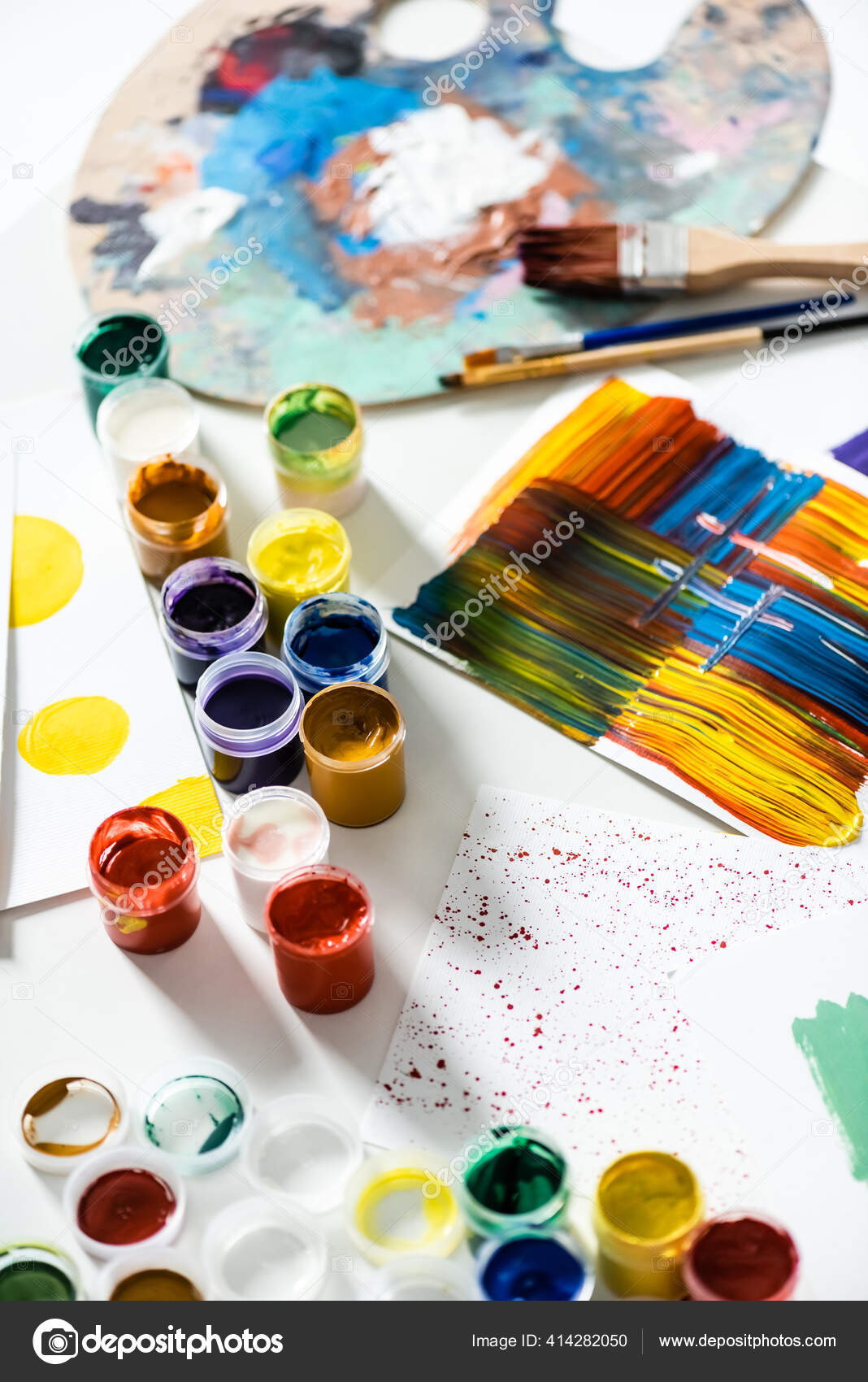 Gouache Paints Paintbrushes Abstract Colorful Brushstrokes Paper White  Background Stock Photo by ©VitalikRadko 414282050